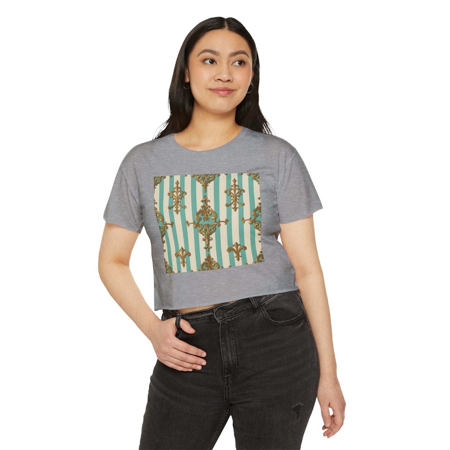Boho Chic Women's Festival Crop Top - Trendy Summer Wear, Beach Party Fashion - Matte Green Striped Rococo
