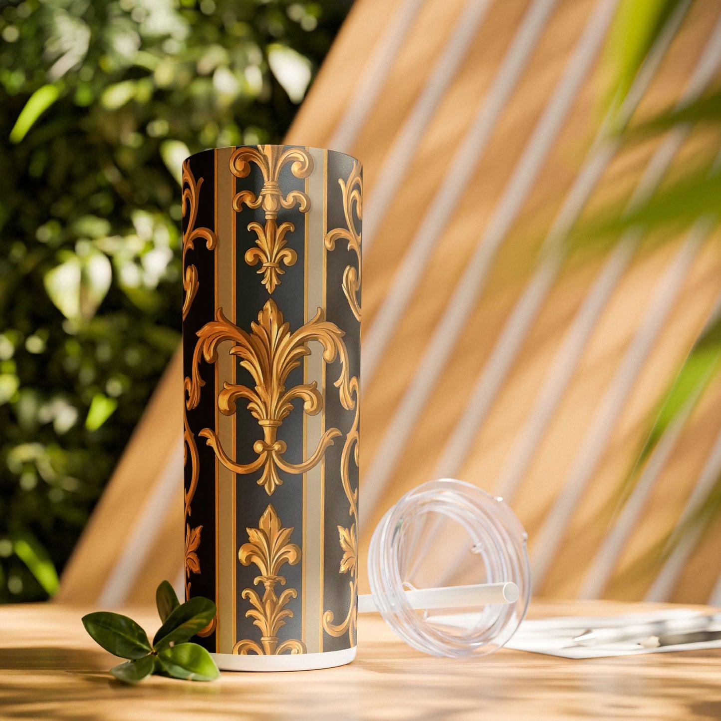 Elegant Gold Floral Skinny Tumbler with Straw, 20oz - Stylish Travel Cup, Gift Idea for Birthdays - Blue & Black Striped Rococo