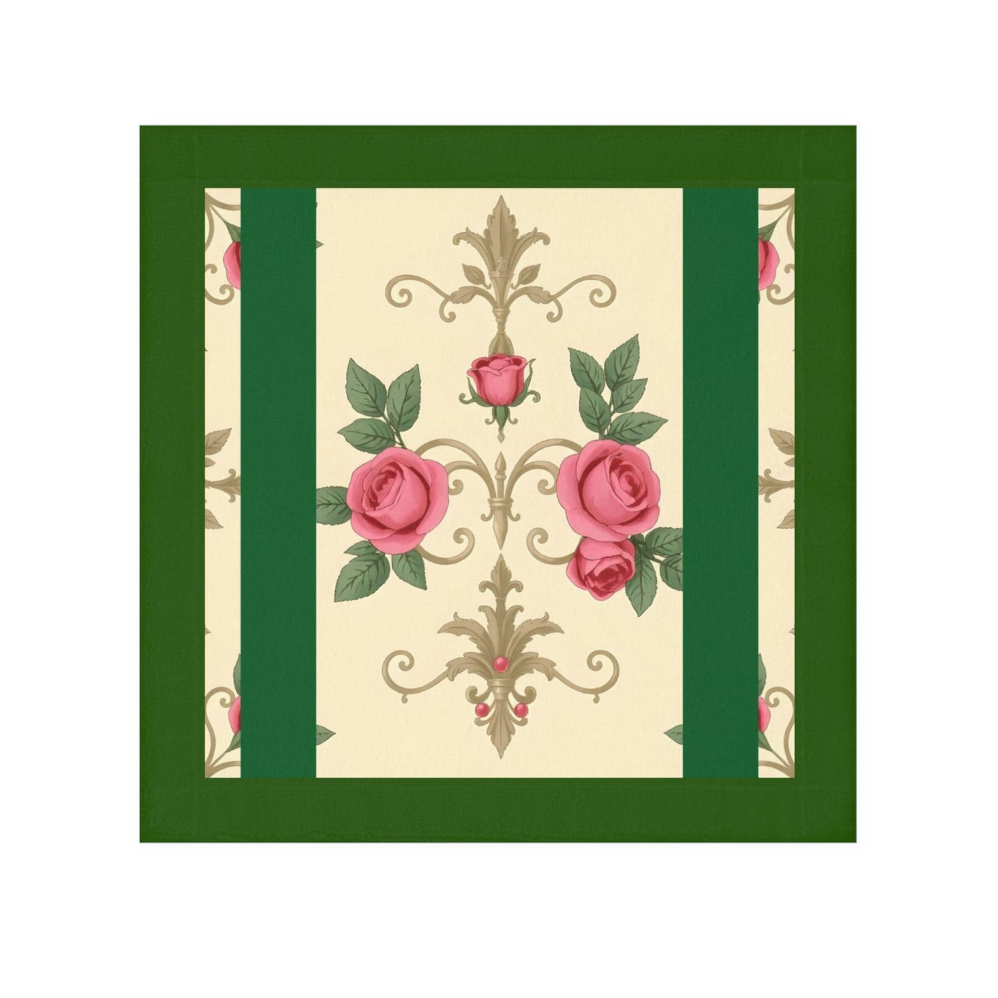 Elegant Vintage Face Towel – Luxurious Gold Pattern for Home & Spa - Green Border Roses & Damask