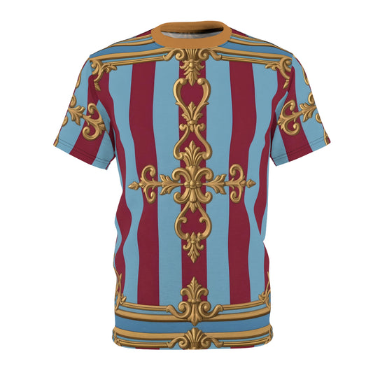 Vintage-Inspired Unisex Tee, Bold Graphic T-Shirt, Unique Casual Wear, Festival Outfit, Trendy Streetwear - Sky Blue & Maroon Striped Baroque