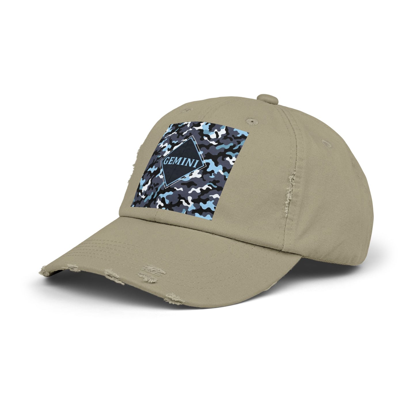 Gemini Distressed Cap - Unisex Camo Design - Black, Grey & Ice Blue