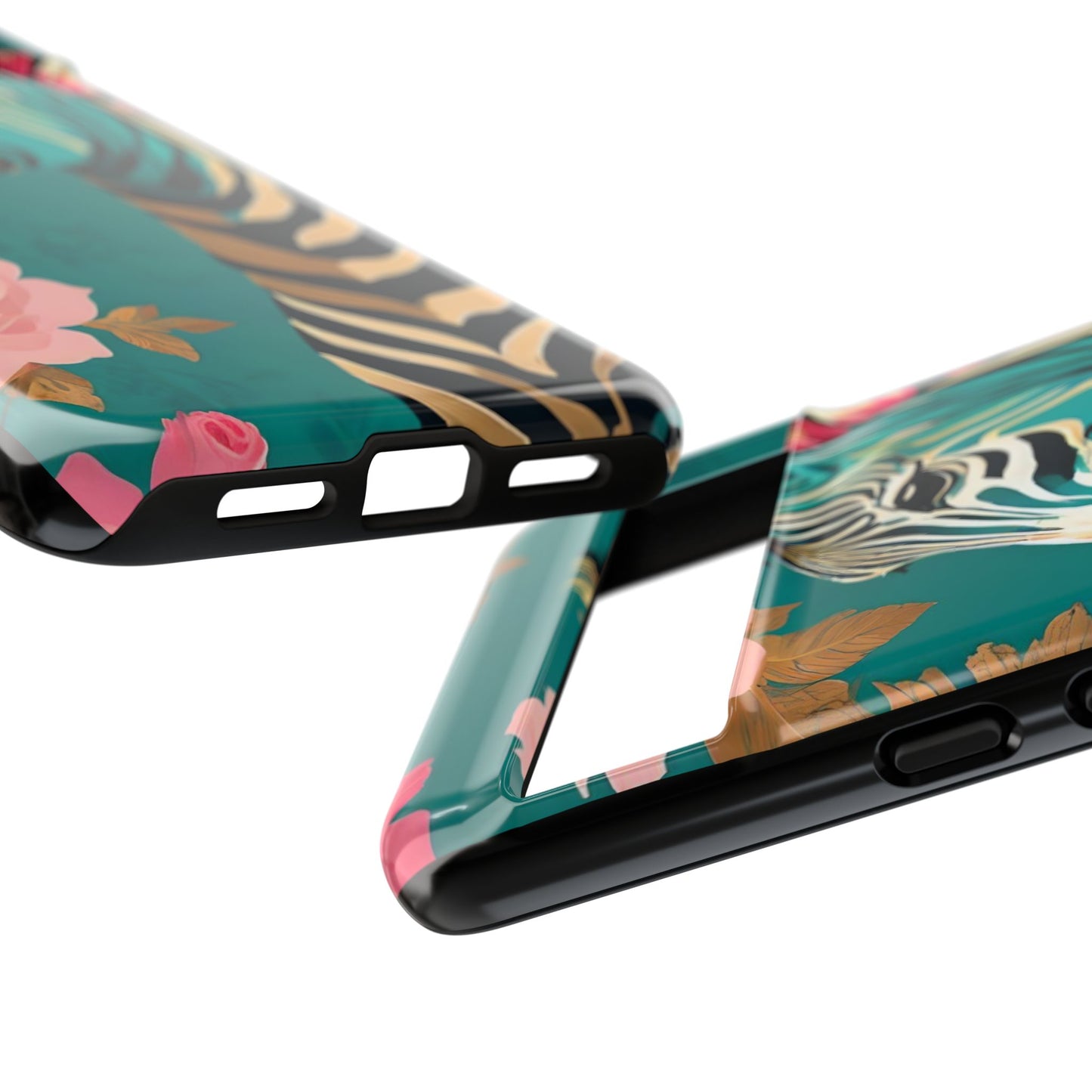 Phone Case - Elegant Teal & Gold Zebra & Roses Design