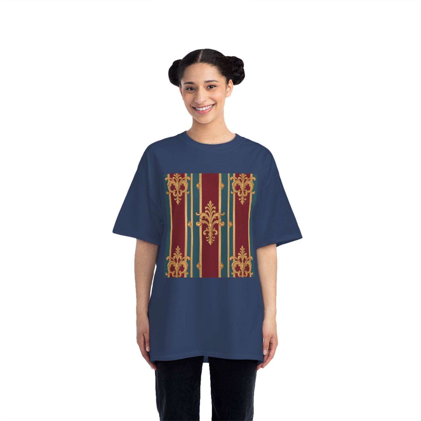 Elegant Vintage Patterned Beefy-T® Short-Sleeve T-Shirt | Casual Wear, Summer Tops, Unique Gift - Burgundy Striped Gold Baroque