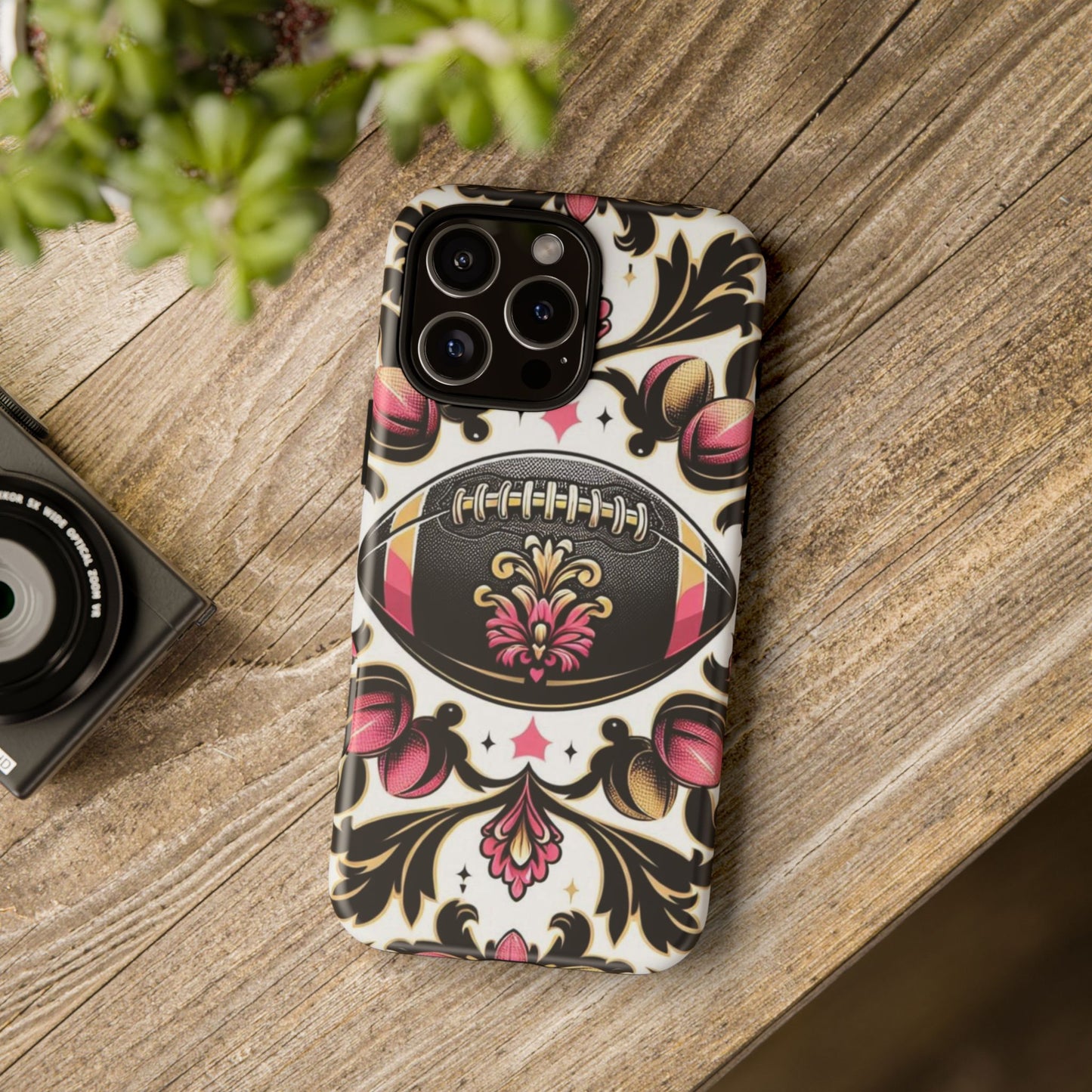 Elegant Floral Motif Phone Case - Tough Cases with Vintage Design - Damask White, Pink Gold & Black Football