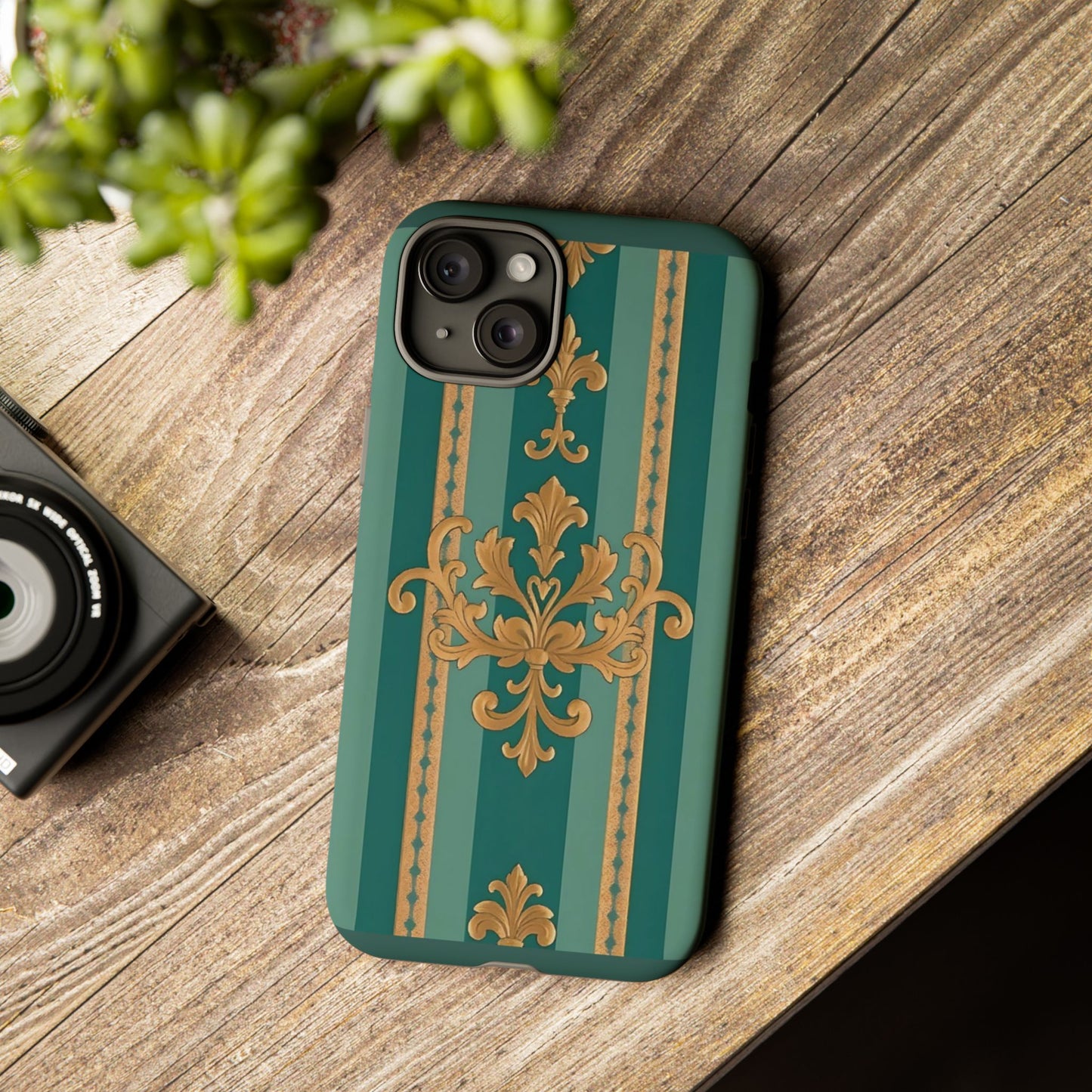 Elegant Floral Motif Phone Case - Tough Cases with Vintage Design - Teal Striped Gold Damask