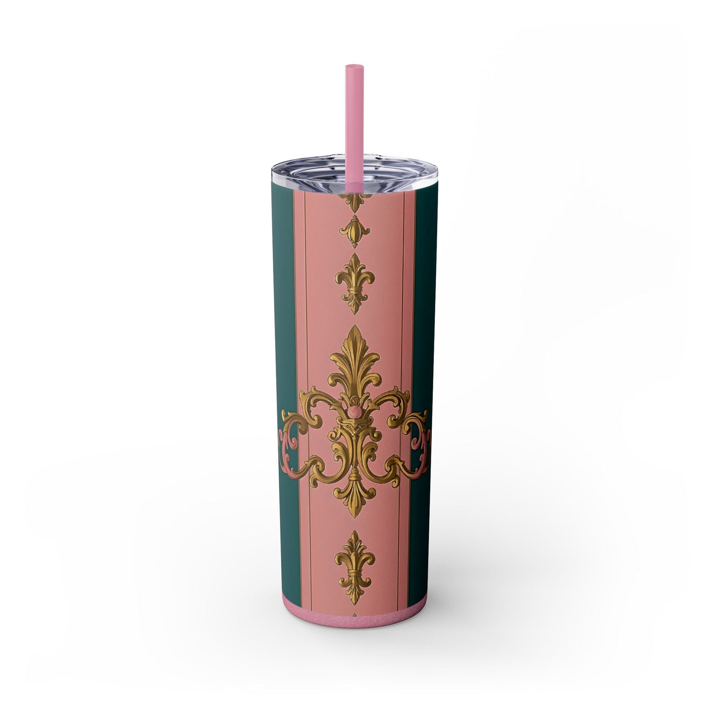 Elegant Pink and Green Skinny Tumbler with Straw, 20oz - Ideal for Gifts, Travel, Home, Events - Pink & Teal Striped Gold Baroque