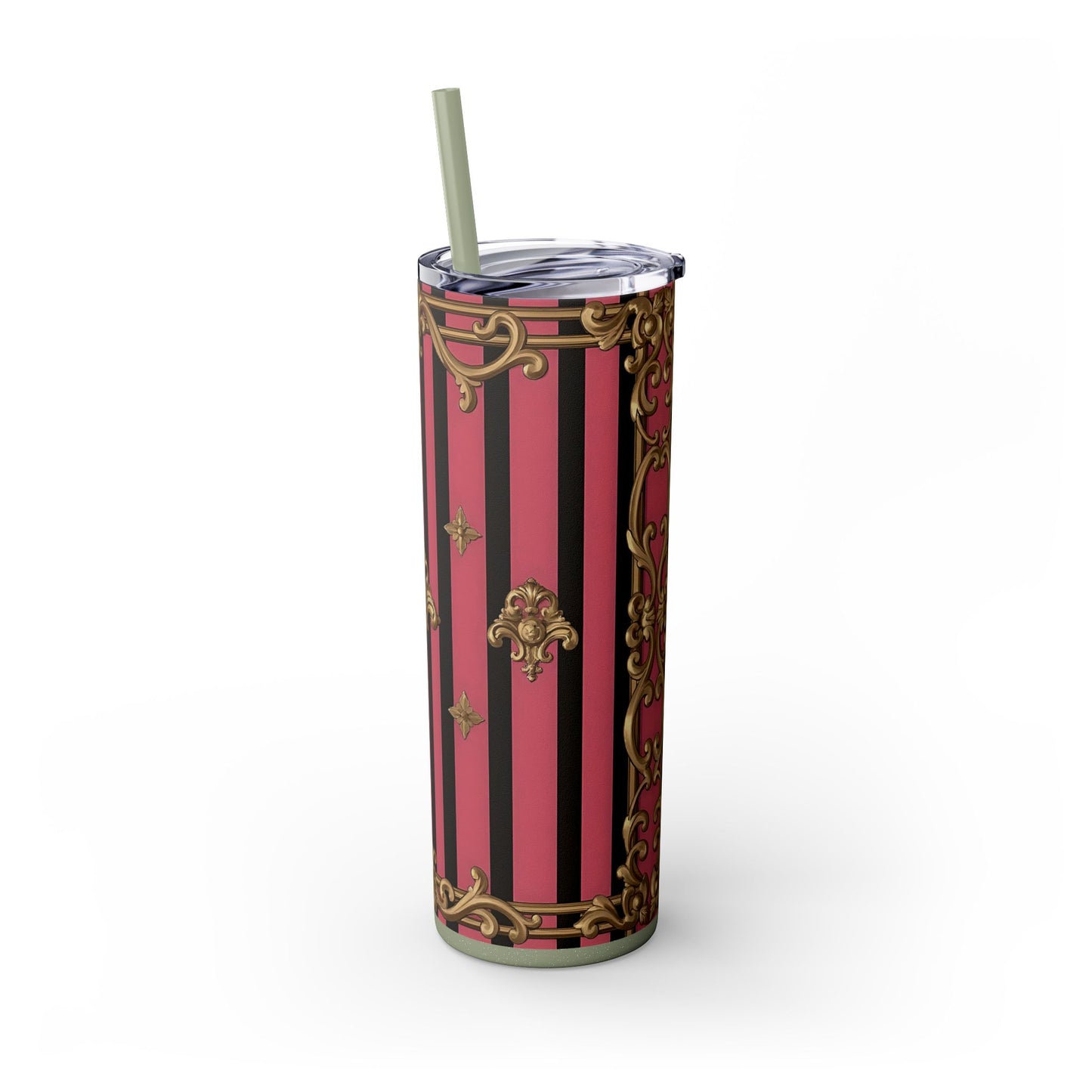 Elegant Pink Striped Skinny Tumbler with Straw, 20oz, Stylish Drinkware, Custom Gift Idea, Travel Mug, Wedding Gift - Pink Striped Gold Rococo