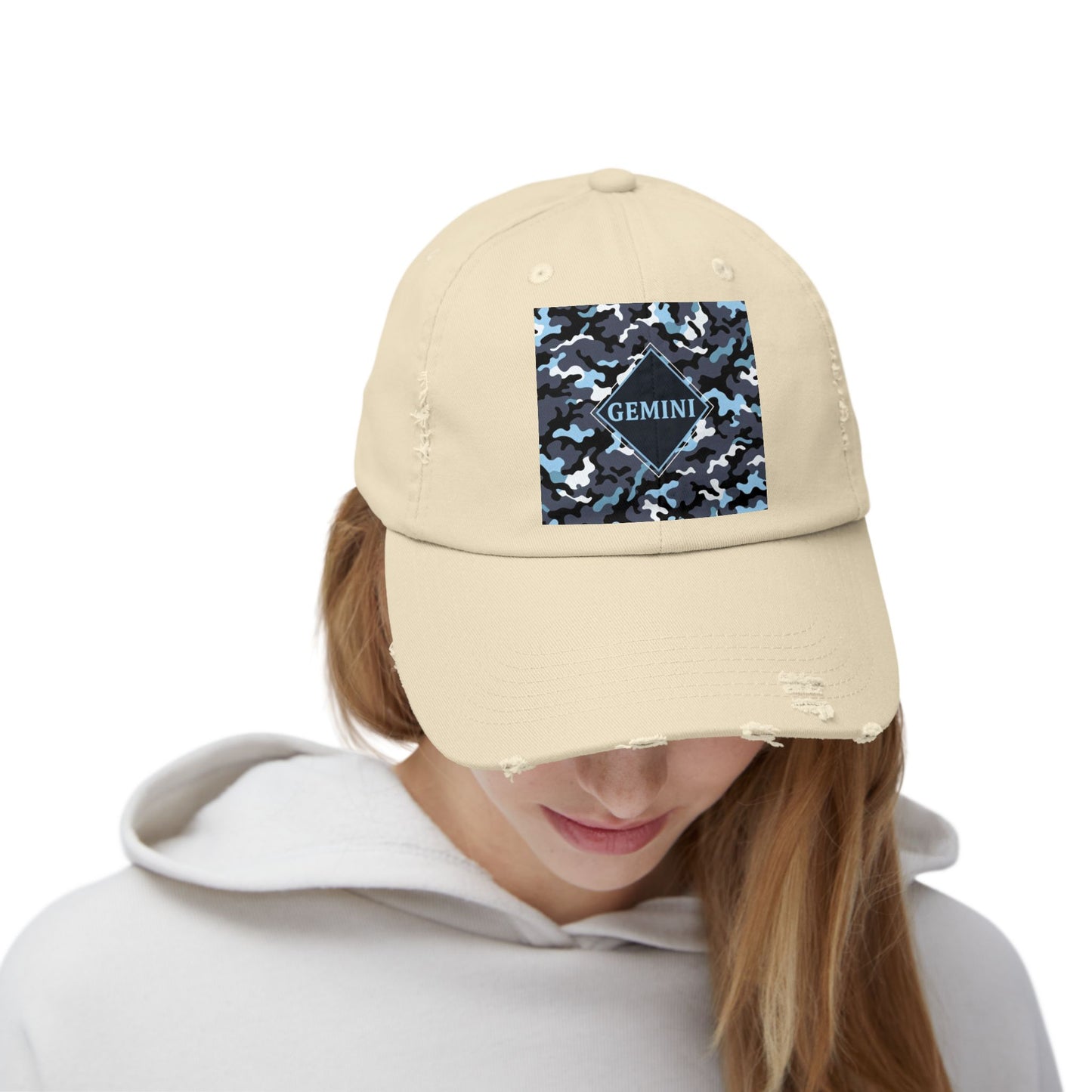 Gemini Distressed Cap - Unisex Camo Design - Black, Grey & Ice Blue