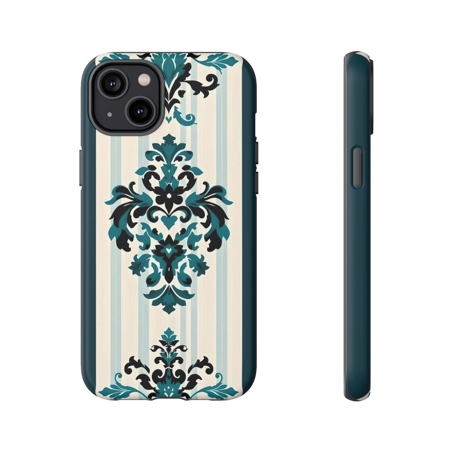 Elegant Floral Phone Case - Tough Cases with Vintage Design - Teal Striped Damask