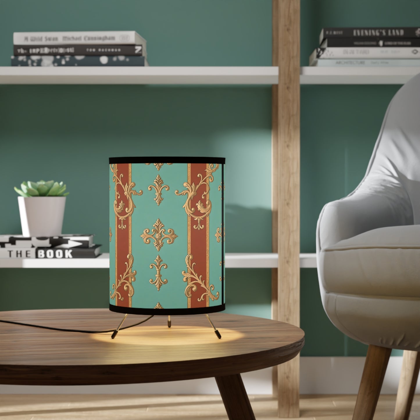 Elegant Tripod Lamp with High-Res Ornate Shade for Home Decor - Rust & Mint Aqua Striped Baroque