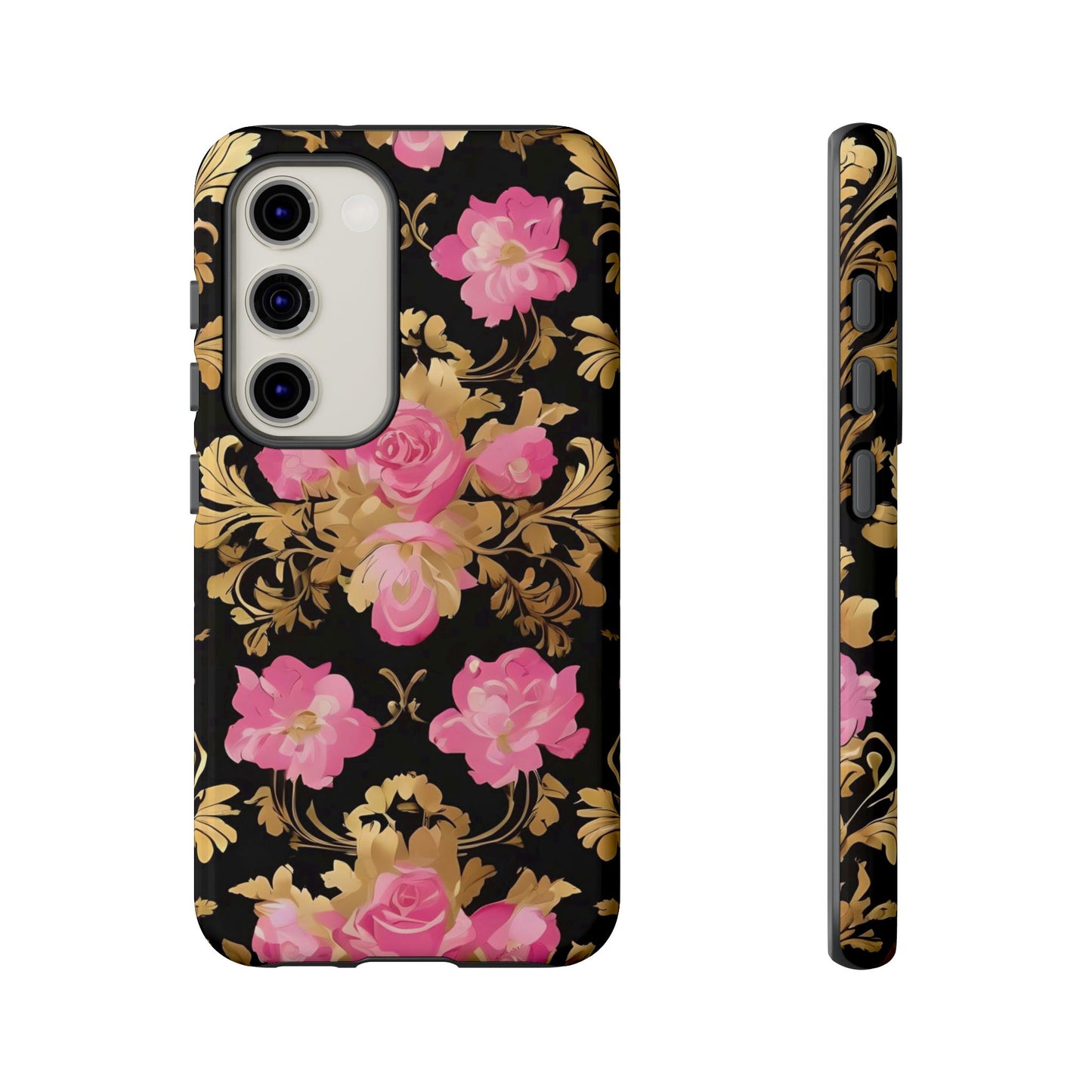 Elegant Floral Motif Phone Case - Tough Cases with Vintage Design - Pink & Gold Roses