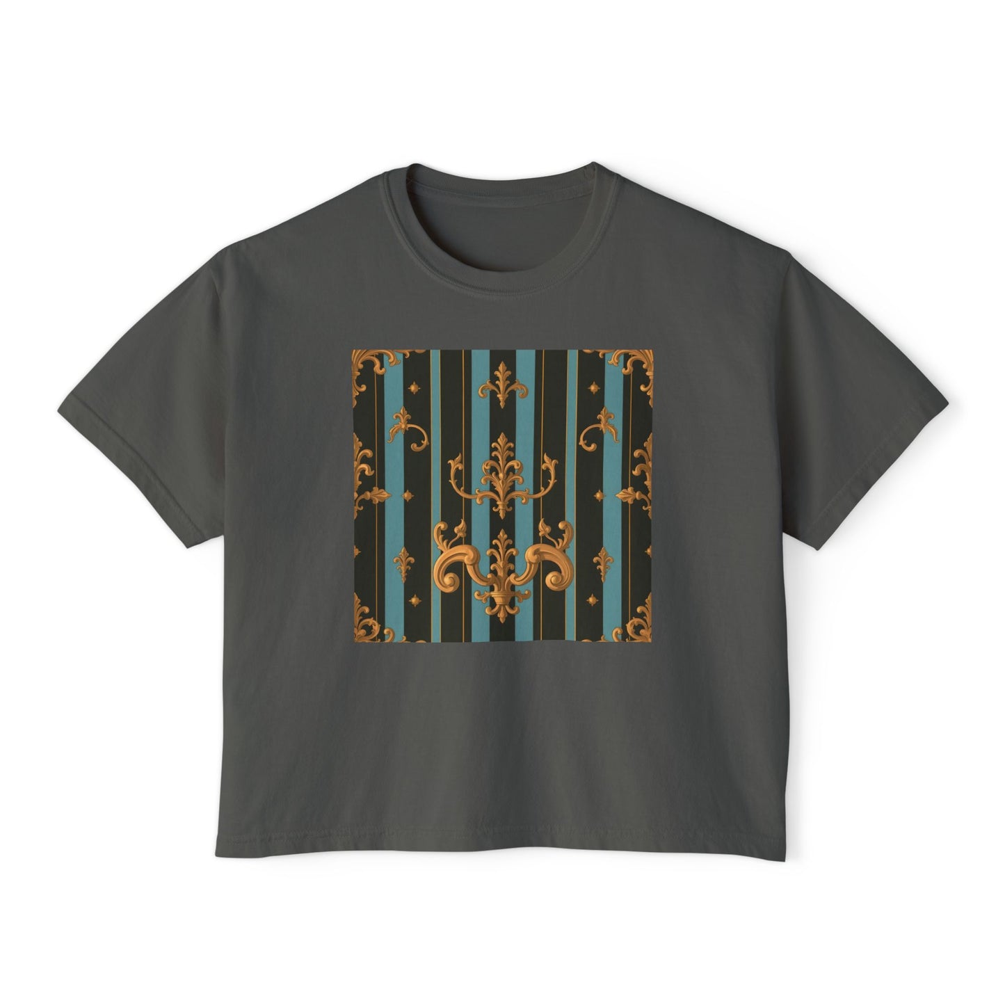 Chic Women's Boxy Tee with Elegant Vintage Design, Casual Outfit, Gift for Her, Summer Style, Fashion Tee - Black & Turquoise Striped Baroque