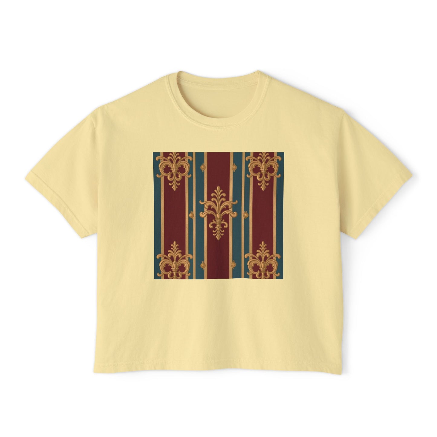 Vintage Floral Women's Boxy Tee, Casual Shirt, Graphic Tee, Everyday Wear, Gift for Her - Burgundy Striped Gold Baroque
