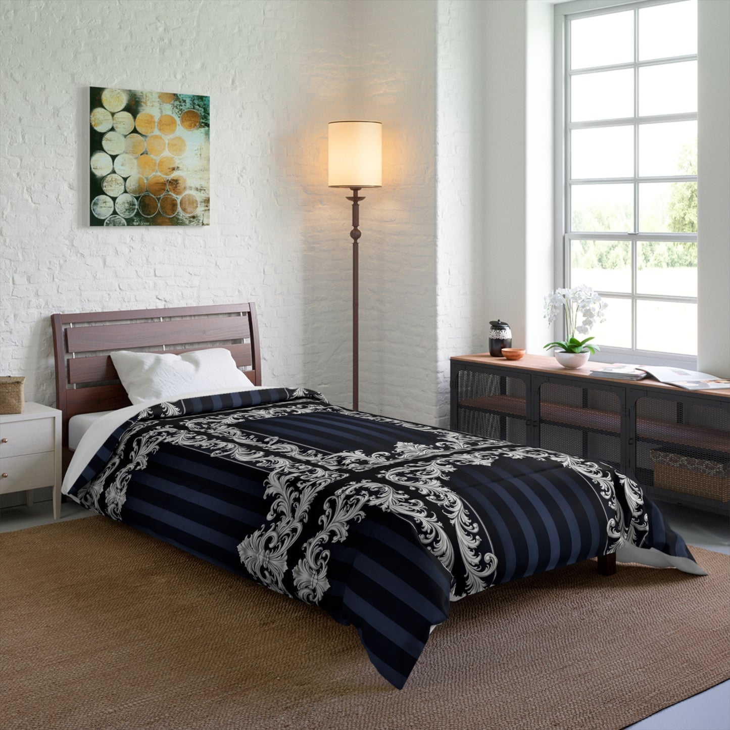Navy Stripes & Baroque Comforter — Navy & Silver Baroque Bedroom Bedding