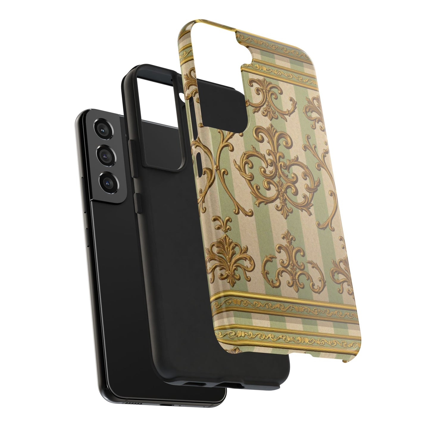 Vintage Elegance Phone Case, Tough Phone Cases for Style, Gift for Birthdays, Stylish Protection - Mint Green & Beige Striped Gold Baroque