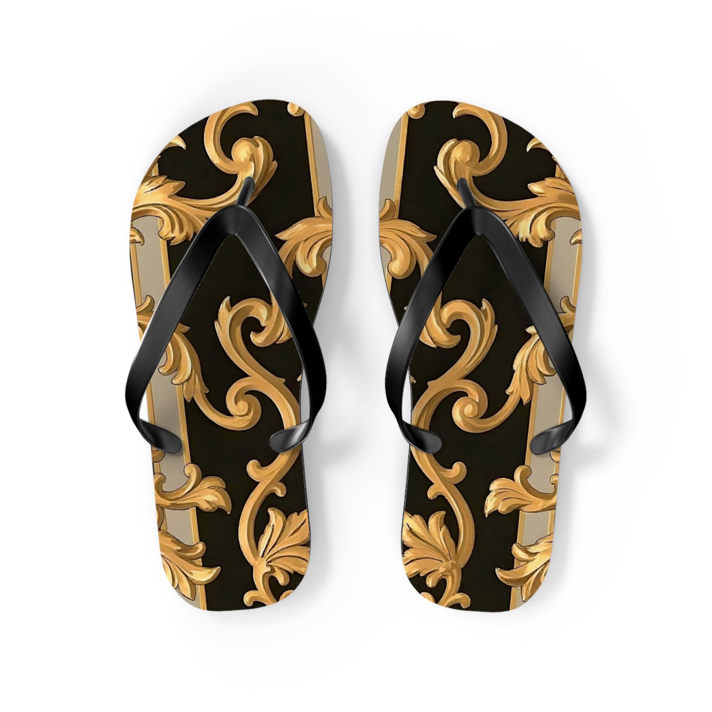 Stylish Flip Flops with Elegant Gold Design, Beachwear, Summer Sandals, Vacation Footwear, Poolside Essentials - Blue & Black Striped Rococo