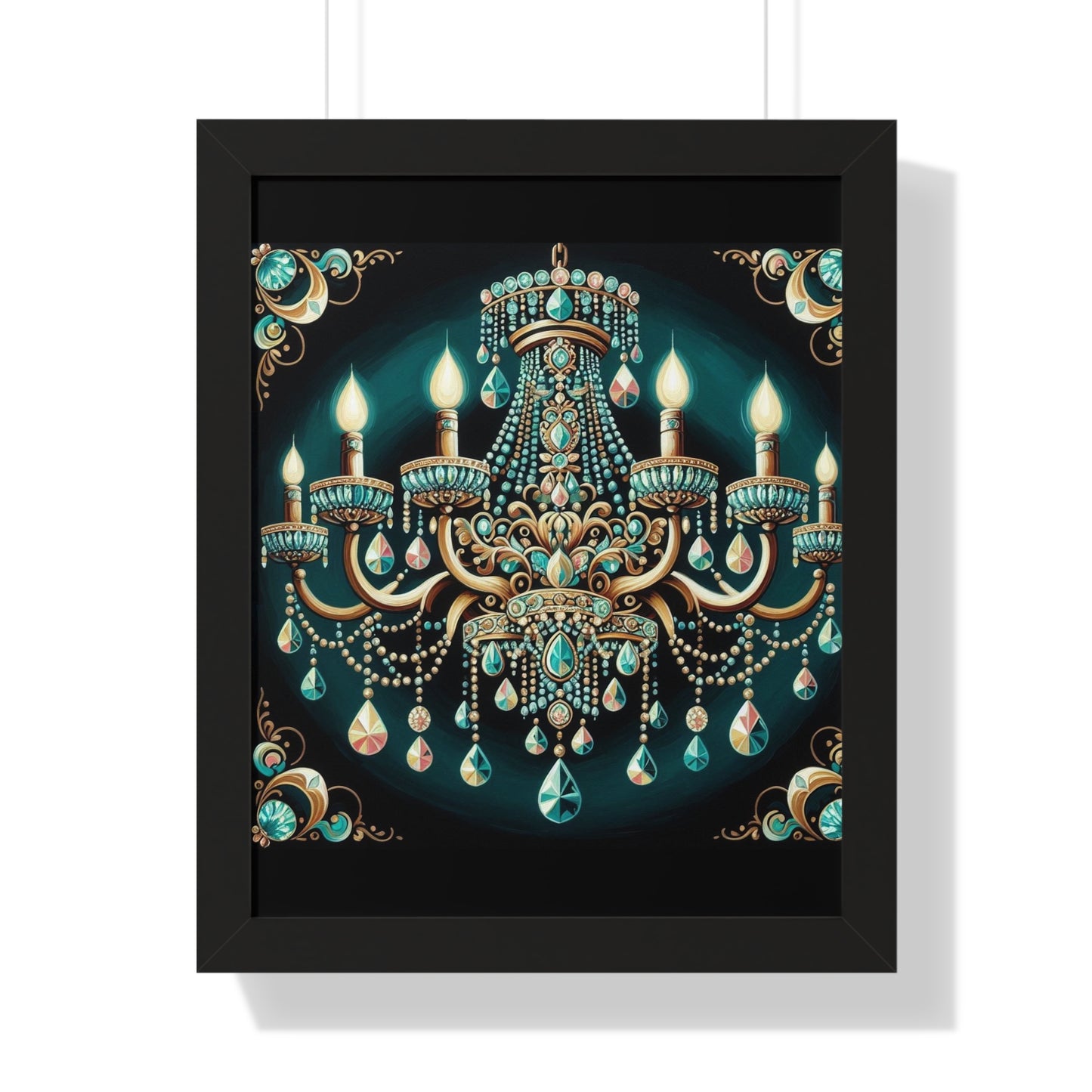 Elegant Chandelier Art Print, Framed Vertical Poster, Home Decor, Wall Art, Gift for Her, Luxury Interior Decoration - Teal Jeweled Chandelier