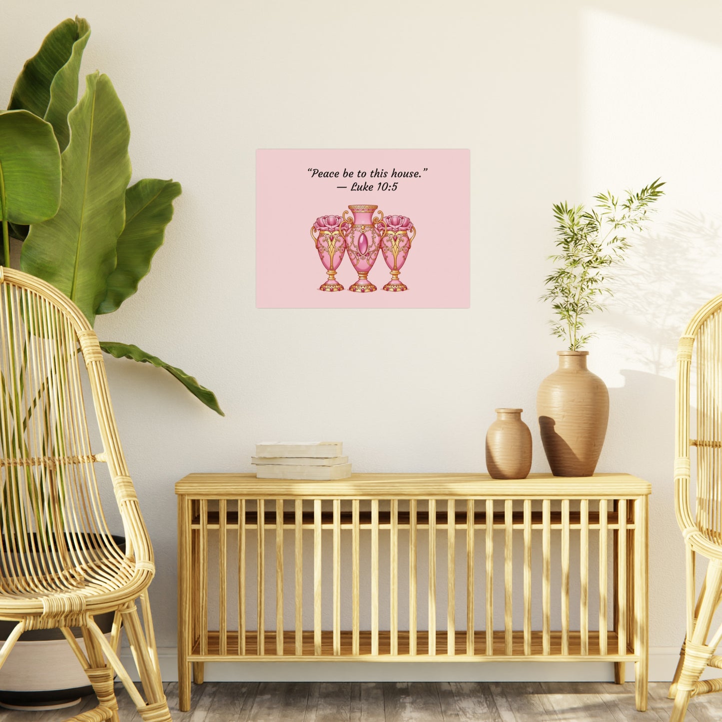 Elegant Pink Vase Wall Art Print, Home Decor, Inspirational Quote Art, Gift Idea for Housewarming, Religious Decor, Luke 10:5