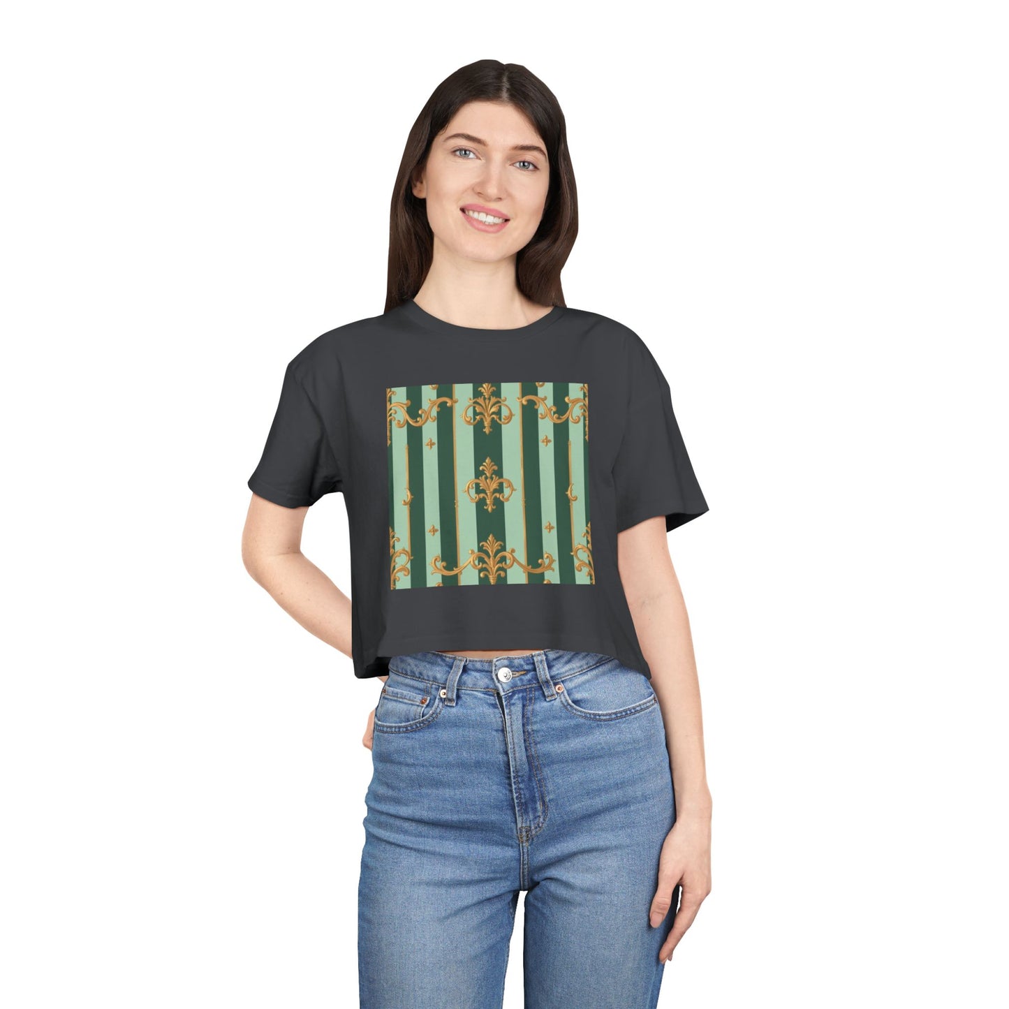 Chic Women's Crop Tee with Elegant Patterns, Fashion Top, Summer Style, Trendy Outfit, Gift for Her - Mint Green & Teal Striped Gold Baroque
