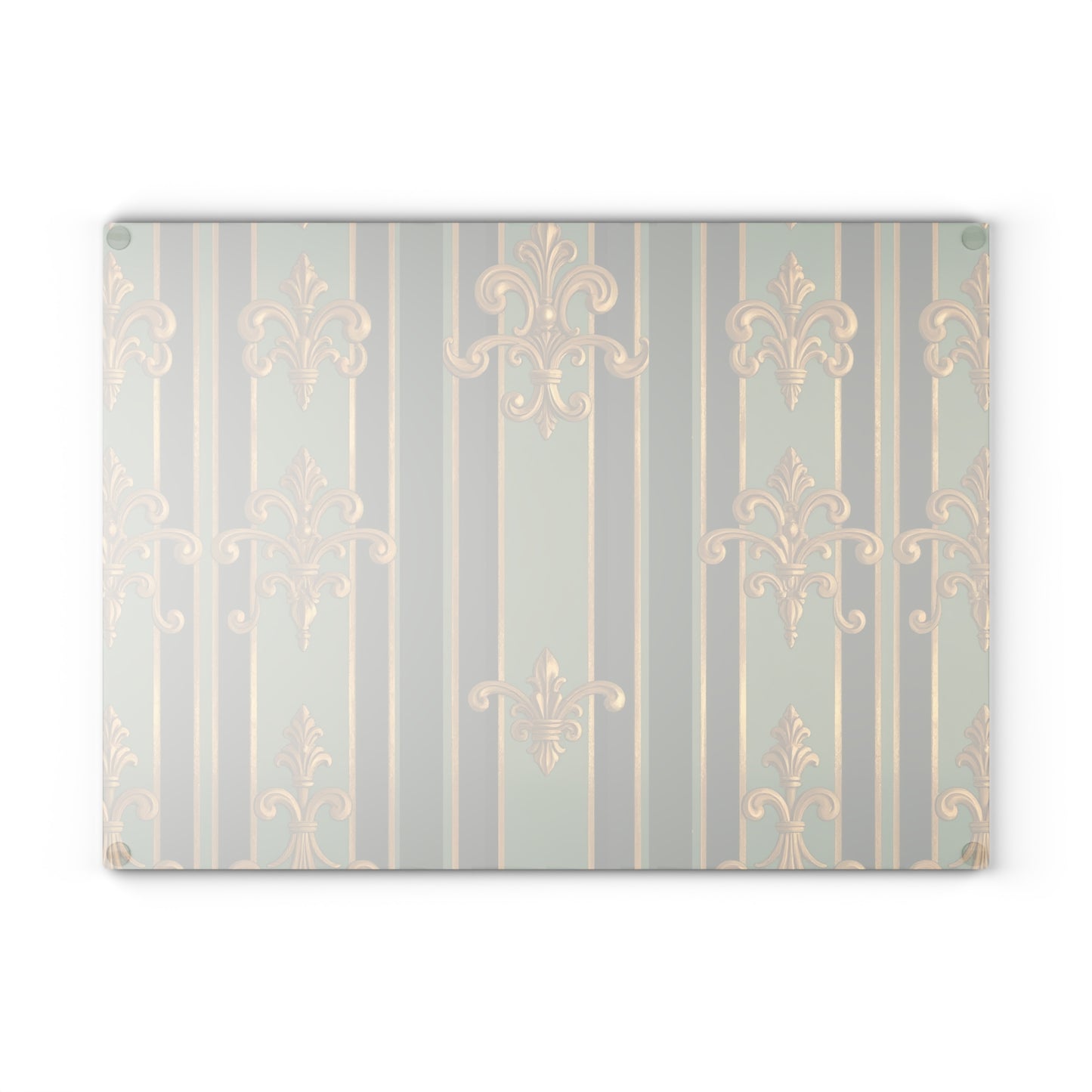 Elegant Glass Cutting Board with Fleur de Lis Design, Kitchen Decor, Wedding Gift, Housewarming Gift, Culinary Art - Green Striped Gold Baroque