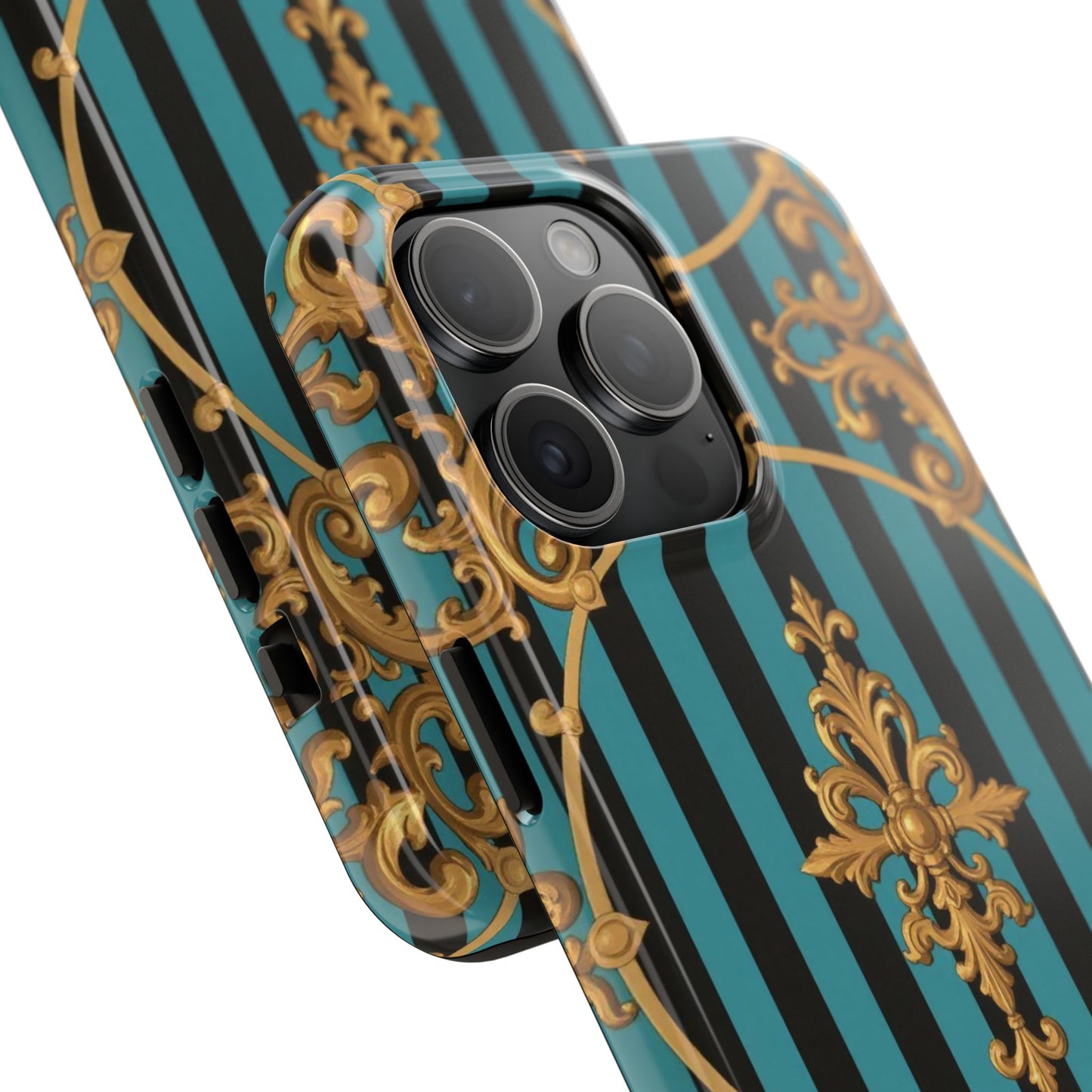 Elegant Turquoise & Black Striped Gold Baroque Phone Case, Tough Phone Cases for Fashion Lovers, Gift for Her, Luxury Accessories