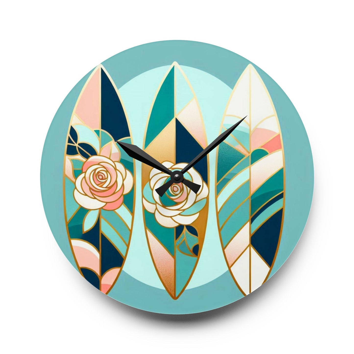Bohemian Surf-Inspired Acrylic Wall Clock with Floral Design - Blue, Pink & Aqua Surfboard & Roses Design