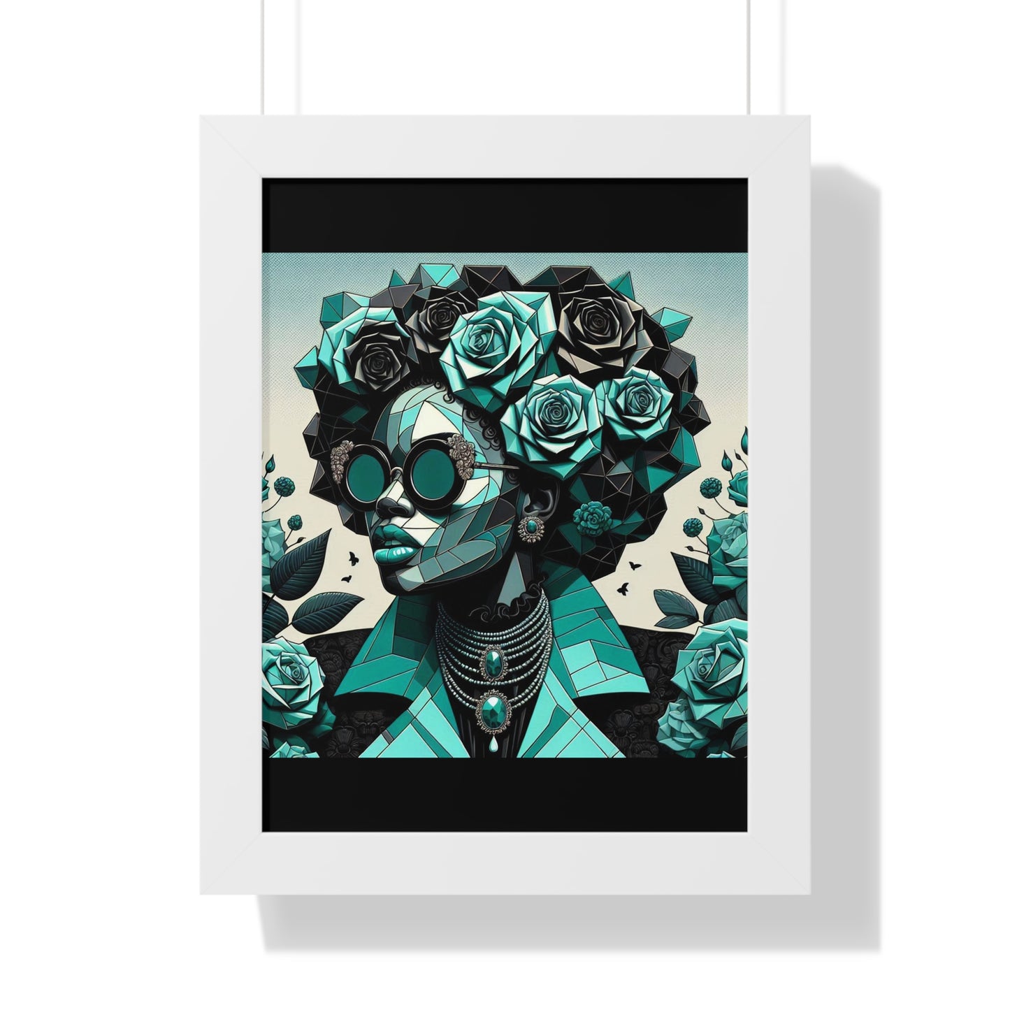 Framed Art Poster, Bohemian Home Decor, Wall Art for Living Room, Gift for Art Lovers, Unique Framed Wall Decor - Turquoise & Black Roses Lady