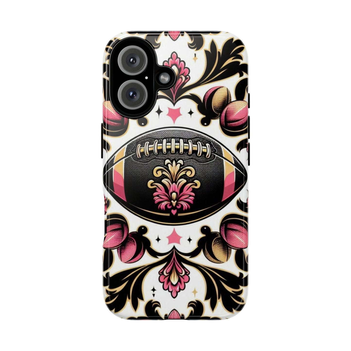 Elegant Floral Motif Phone Case - Tough Cases with Vintage Design - Damask White, Pink Gold & Black Football