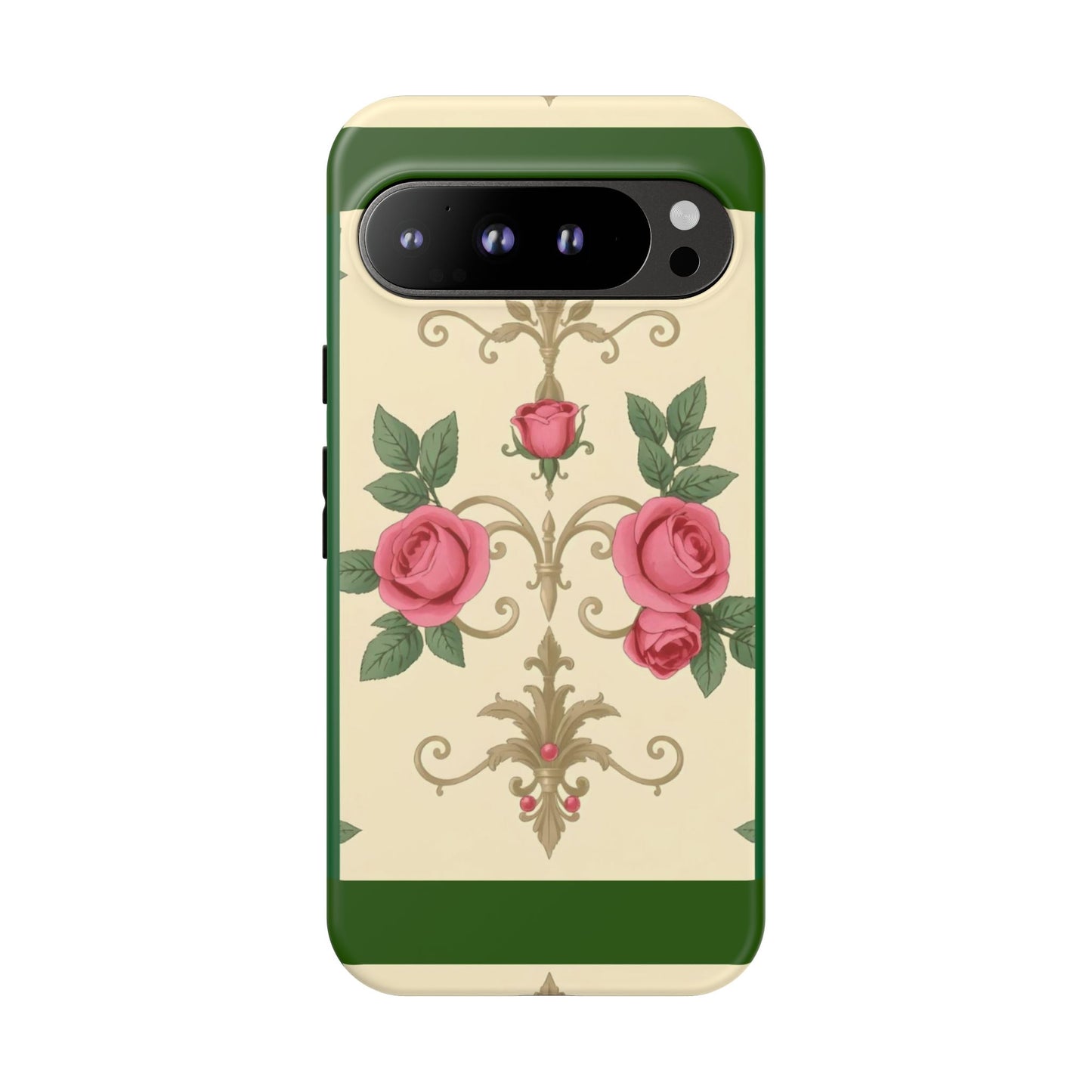 Elegant Floral Motif Phone Case - Tough Cases with Vintage Design - Green Border Roses & Damask
