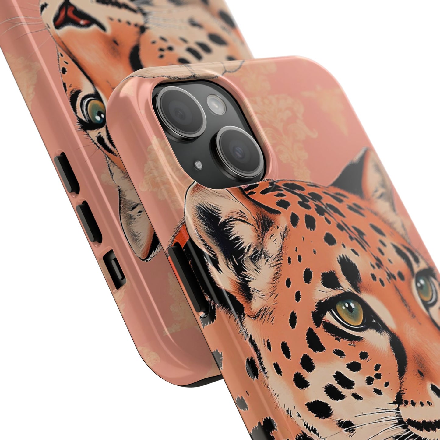 Leopard Tough Phone Case - Trendy Floral Motif Design for Animal Lovers - Peach Leopard & Damask
