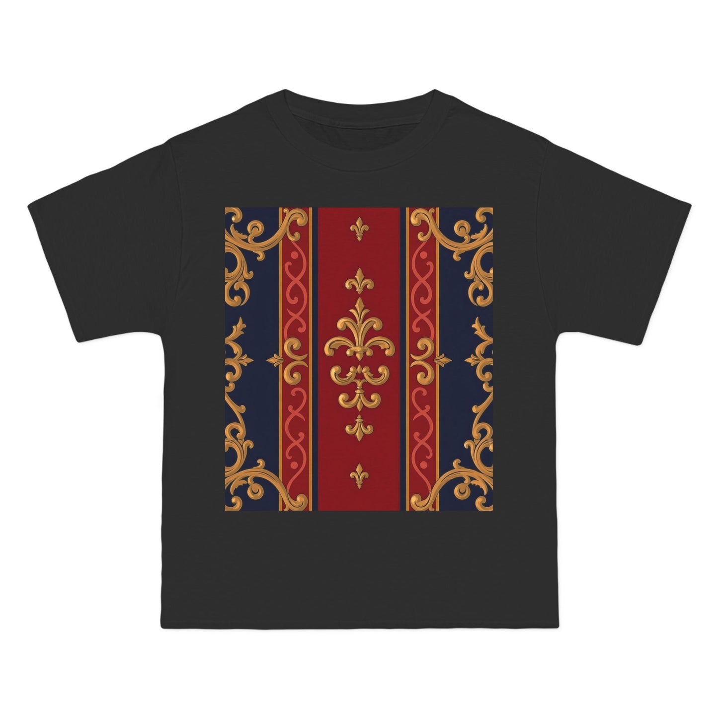 Elegant Patterned Short-Sleeve T-Shirt, Stylish Tee, Vintage Design Top, Casual Wear, Fashionable Gift - Midnight Blue & Dusk Red Gold Baroque