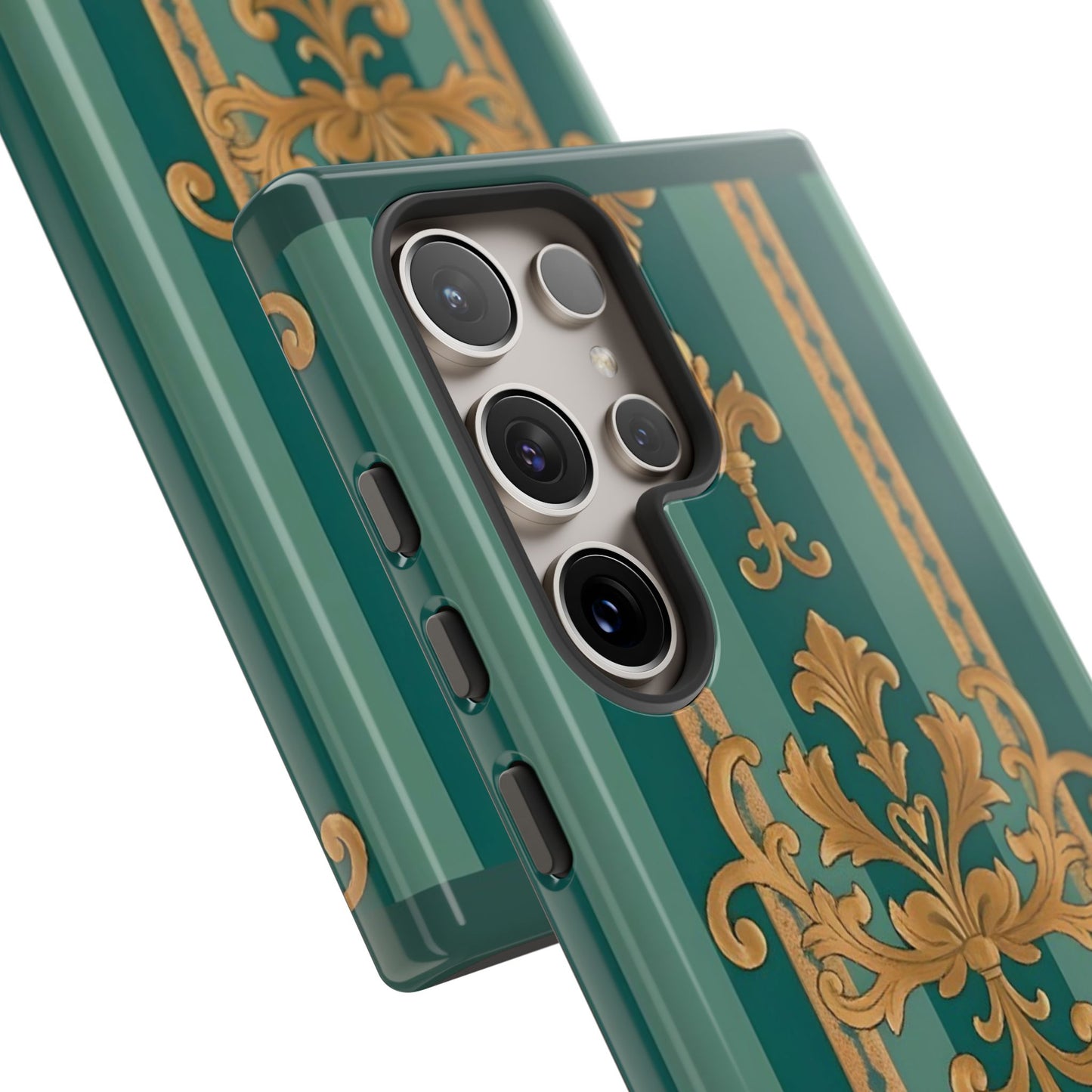 Elegant Floral Motif Phone Case - Tough Cases with Vintage Design - Teal Striped Gold Damask