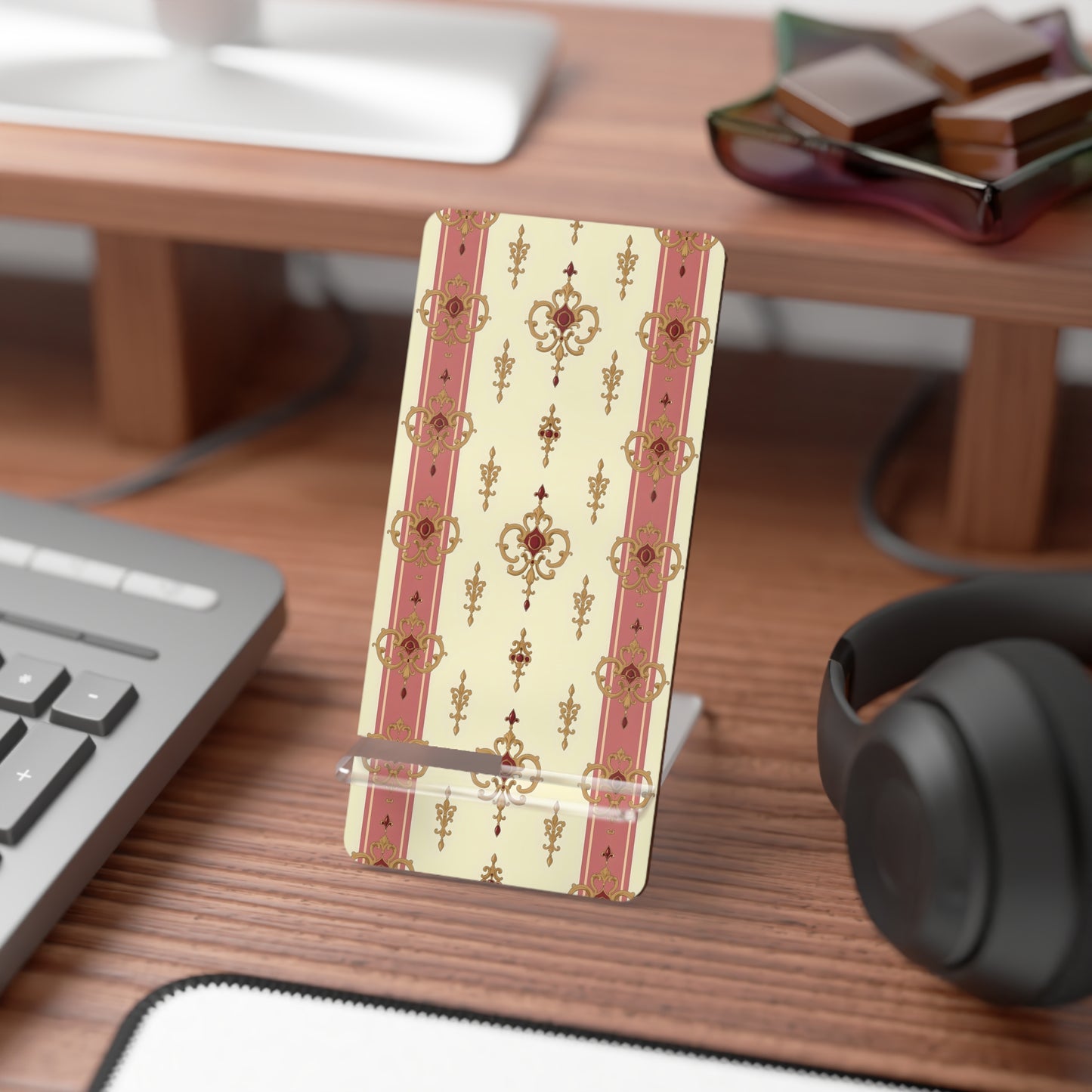 Elegant Floral Smartphone Display Stand - Mauve Striped Gold Damask - Decorative Mobile Holder
