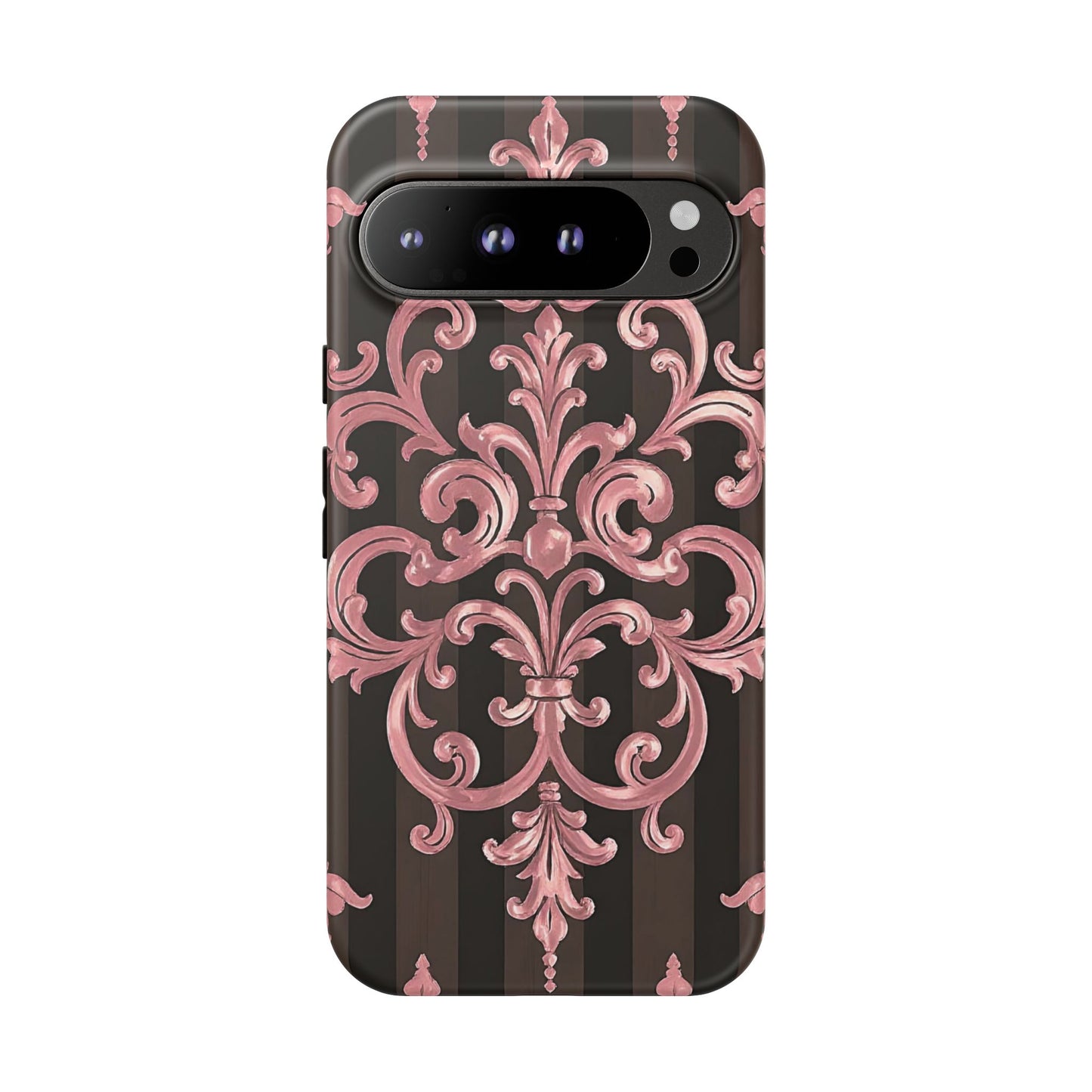 Elegant Floral Motif Phone Case - Tough Cases with Vintage Design - Brown Striped Mauve Damask