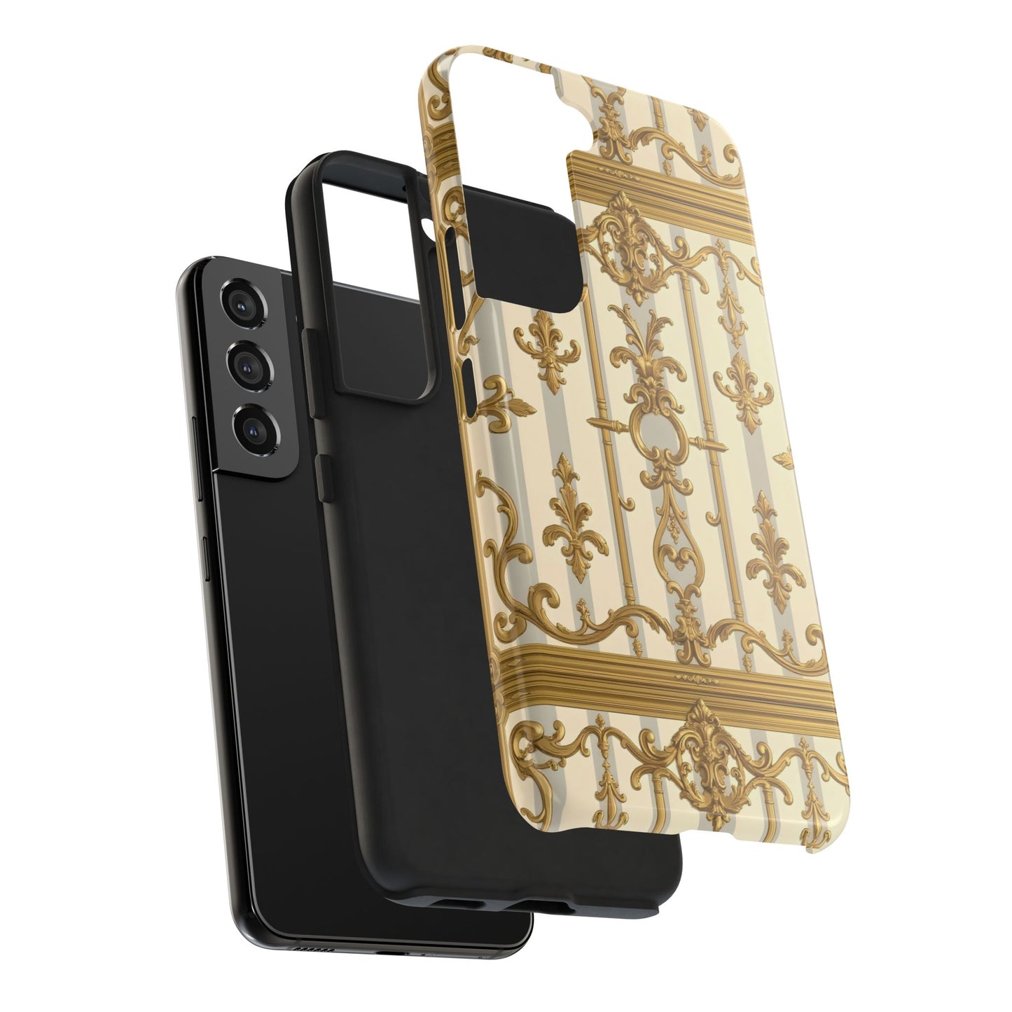 Elegant Gold Pattern Tough Phone Cases | Stylish Phone Covers, Trendy Cell Phone Accessories - Matte Gray & Cream Striped Gold Baroque