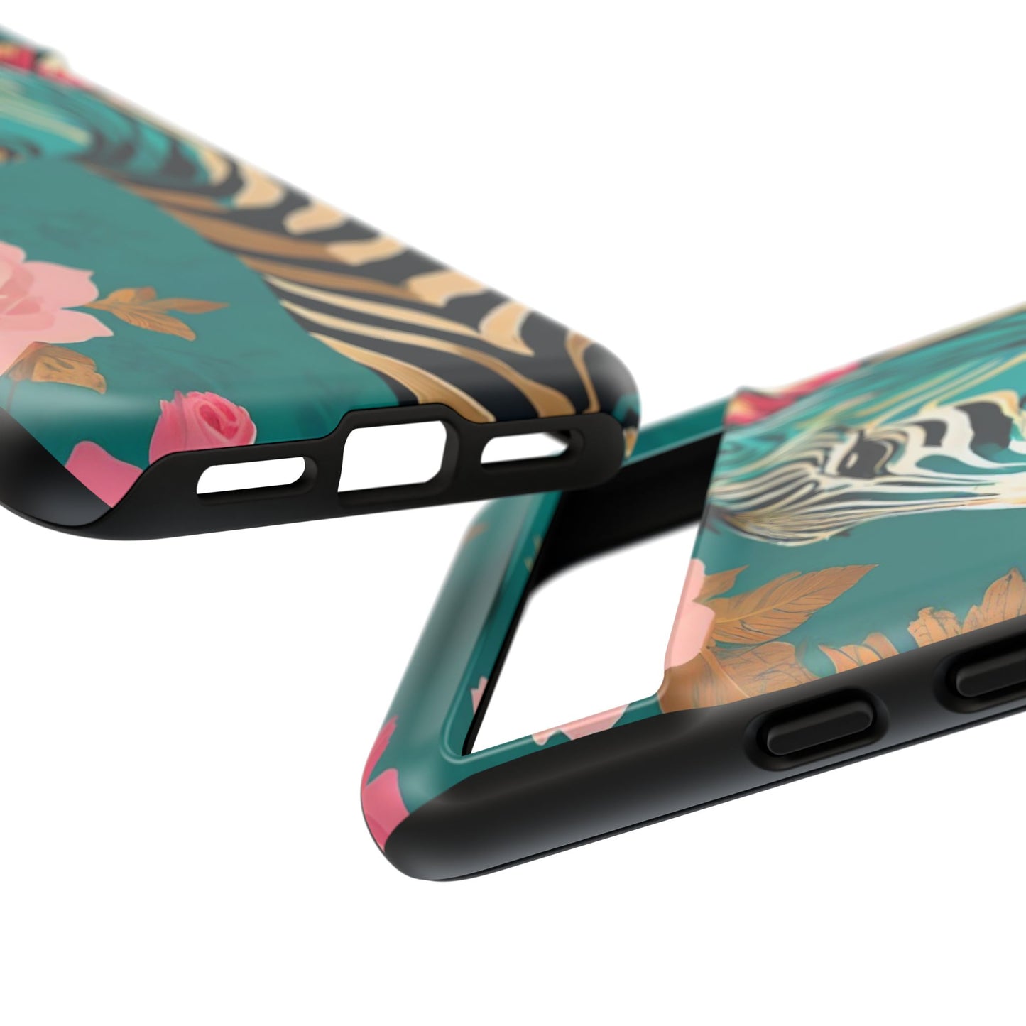 Phone Case - Elegant Teal & Gold Zebra & Roses Design