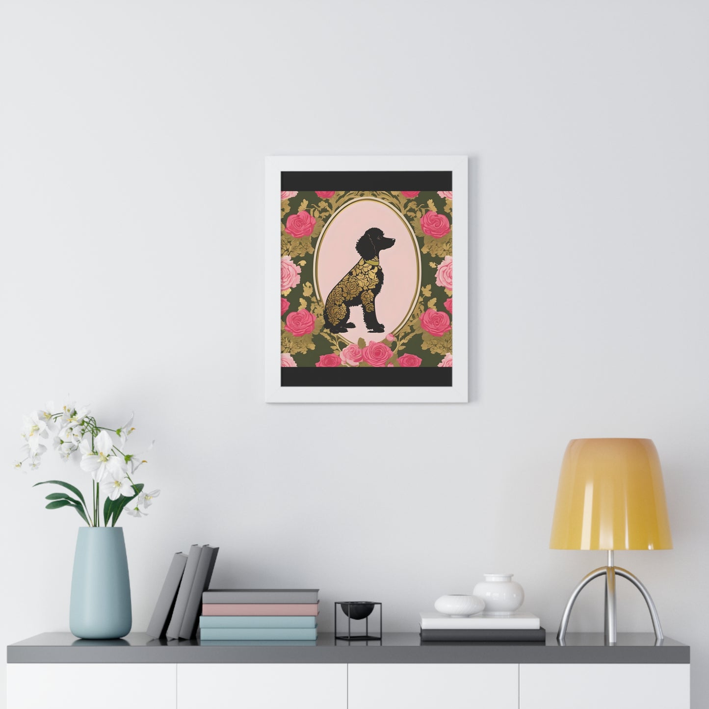 Vertical Poster - Stylish Framed - Art for Home Decor - Damask Black & Gold Poodle in Olive & Pink Roses