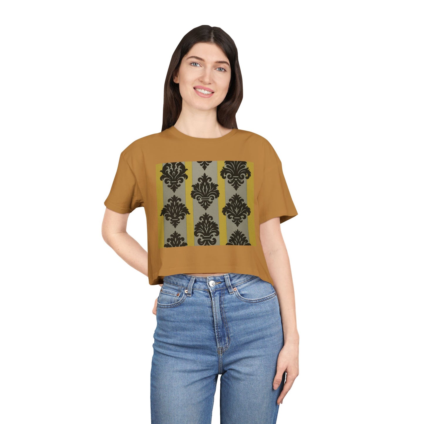 Chic Vintage Crop Tee | Stylish Women's Tee for Casual Outings, Gifts, Festivals, Layering, Everyday Wear - Silver & Gold Striped Black Baroque