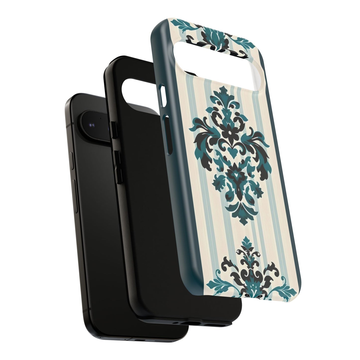 Elegant Floral Phone Case - Tough Cases with Vintage Design - Teal Striped Damask
