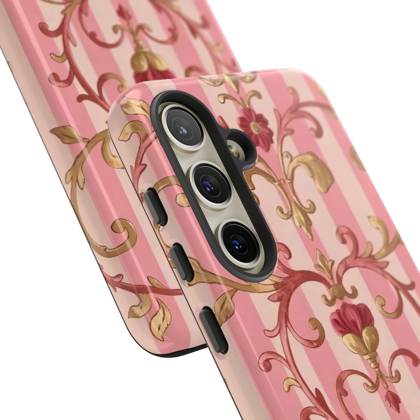 Elegant Floral Motif Phone Case - Tough Cases with Vintage Design - Pink Striped Rose Gold Damask