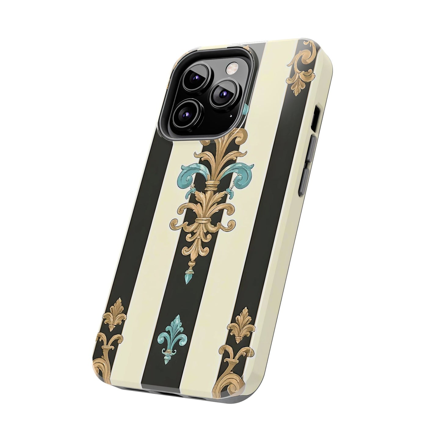 Elegant Vintage Tough Phone Cases, Stylish Phone Accessories, Quality Protection, Gifts for Her - Black Striped Turquoise & Black Rococo