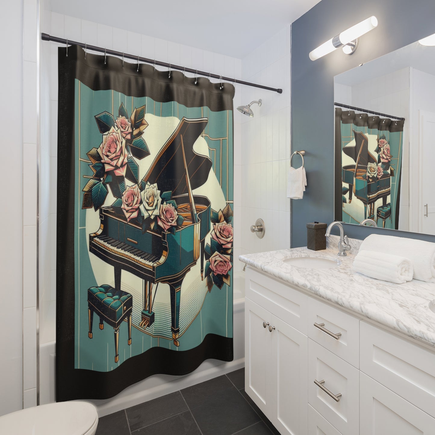 Elegant Floral Piano Shower Curtain - Musical Home Decor