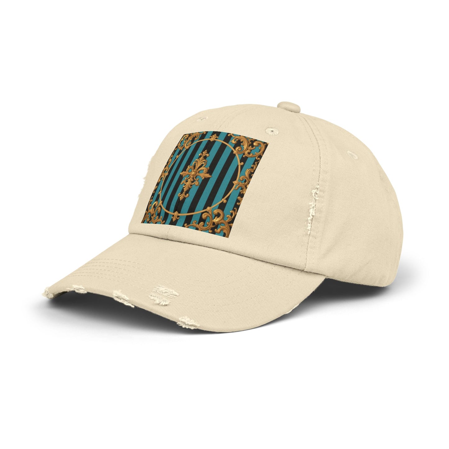 Turquoise & Black Striped Gold Baroque Distressed Cap with Elegant Design, Fashion Accessory for Everyday Wear, Perfect for Festivals, Gifts
