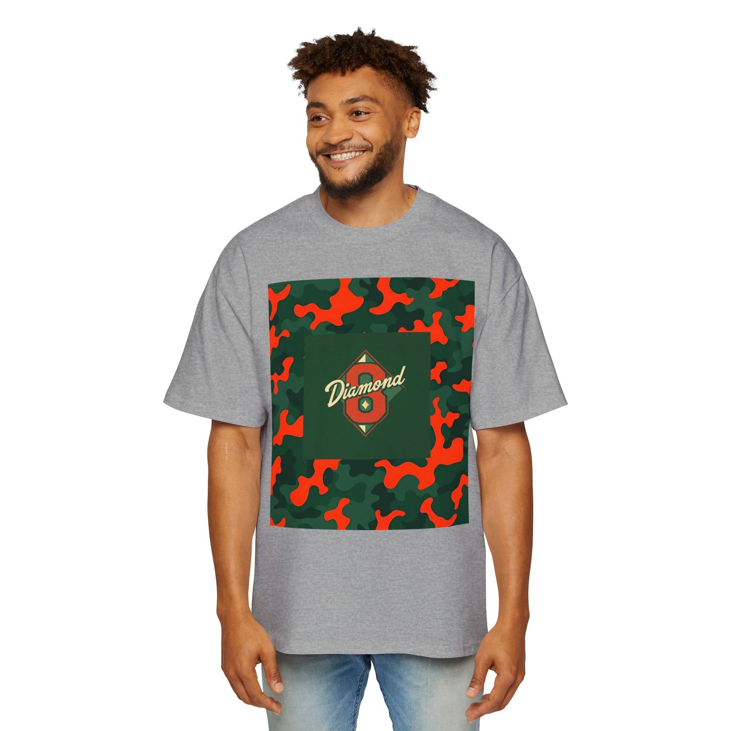 Men's Heavy Oversized Camouflage Tee, Casual Streetwear Shirt, Graphic T-Shirt, Comfortable Everyday Wear, Gift for Him - Green & Orange Camo Diamond 8