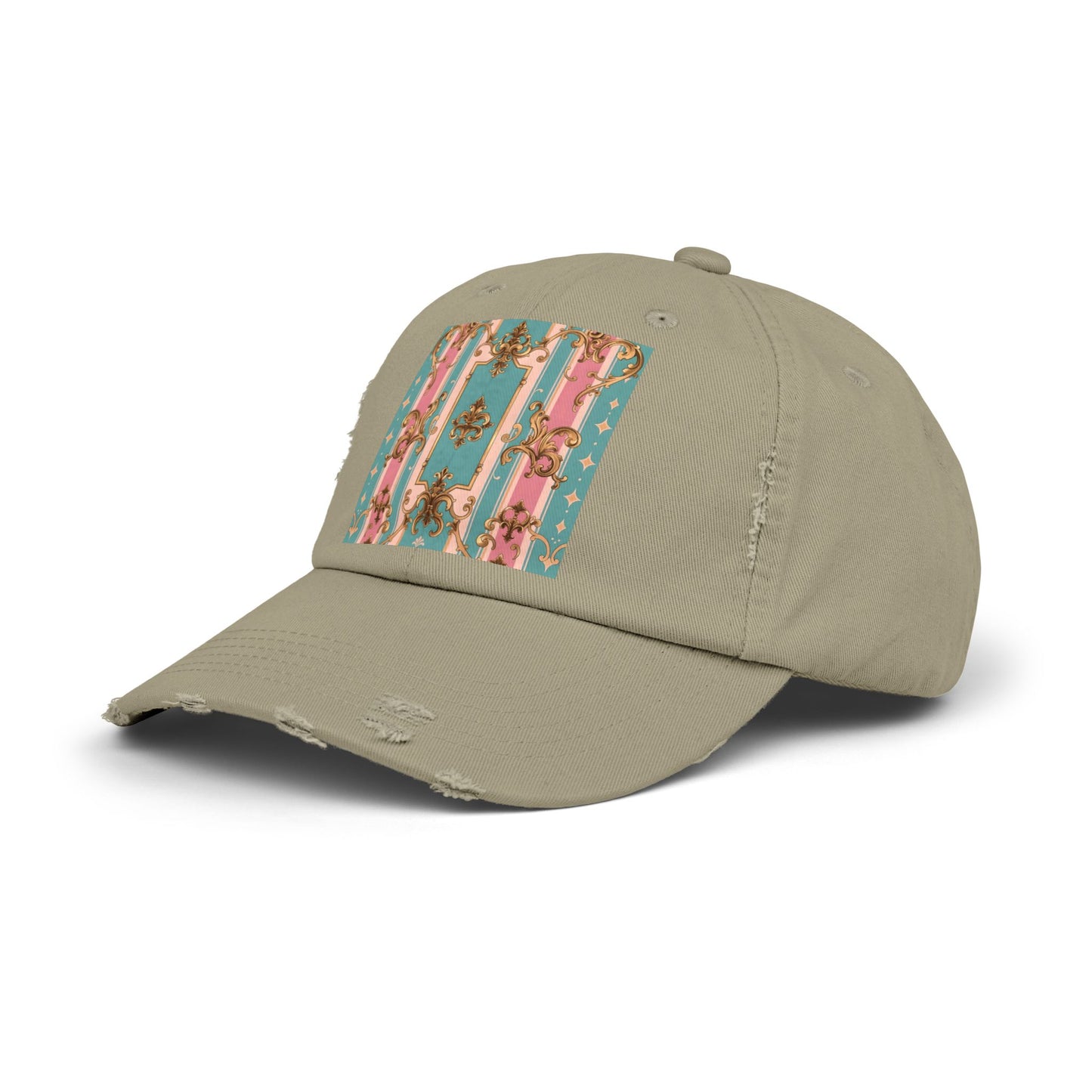 Stylish Unisex Distressed Cap with Floral Pattern, Casual Hat, Trendy Headwear, Summer Accessory - Pink & Matte Turquoise Striped Rococo