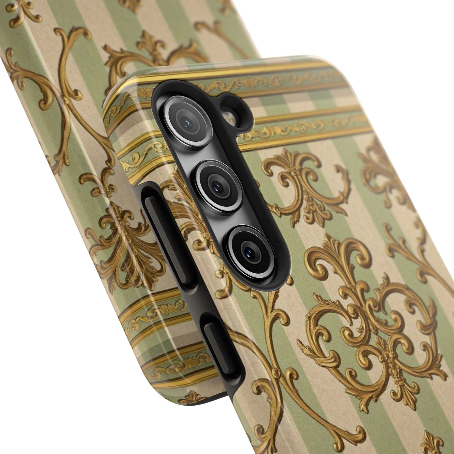 Vintage Elegance Phone Case, Tough Phone Cases for Style, Gift for Birthdays, Stylish Protection - Mint Green & Beige Striped Gold Baroque