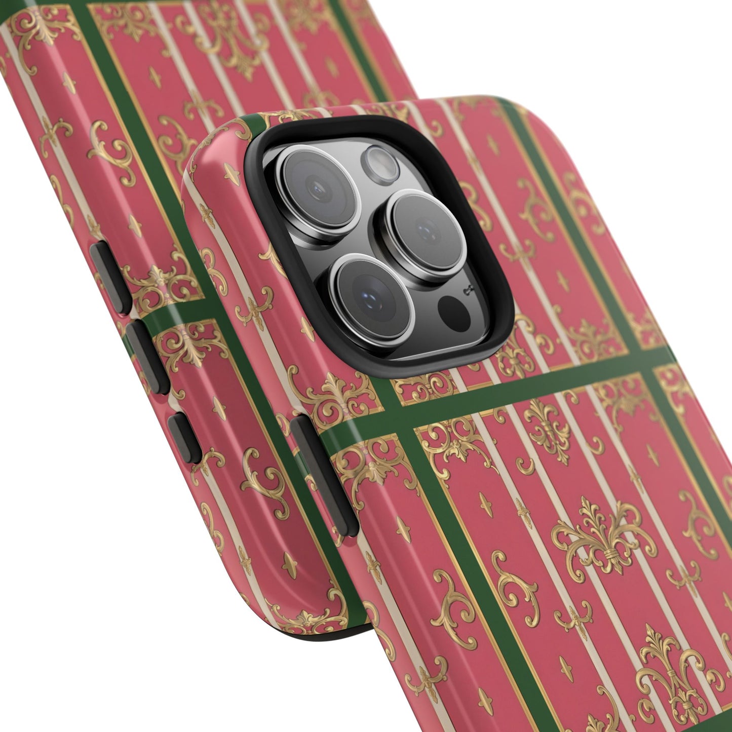 Elegant Green Border Pink Striped Baroque Phone Cases, Tough Phone Cases for Protection, Stylish Mobile Accessories, Gift for Her, Holiday Tech Gifts