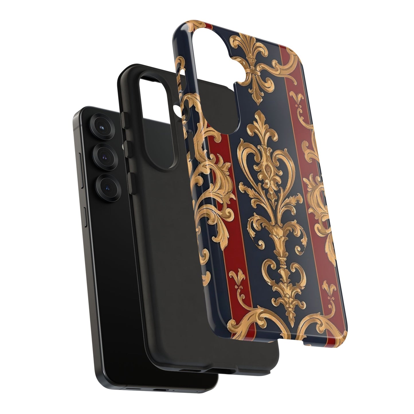 Elegant Floral Motif Phone Case - Tough Cases with Vintage Design - Midnight Blue & Dusk Red Striped Gold Damask