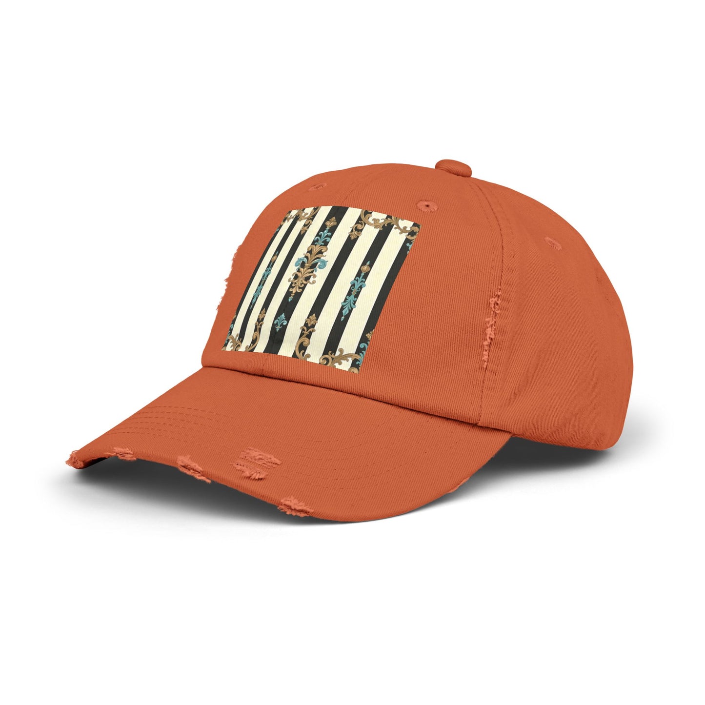 Trendy Distressed Cap for Fashion Lovers, Casual Cap, Gift for Him, Gift for Her - Black Striped Turquoise & Black Rococo