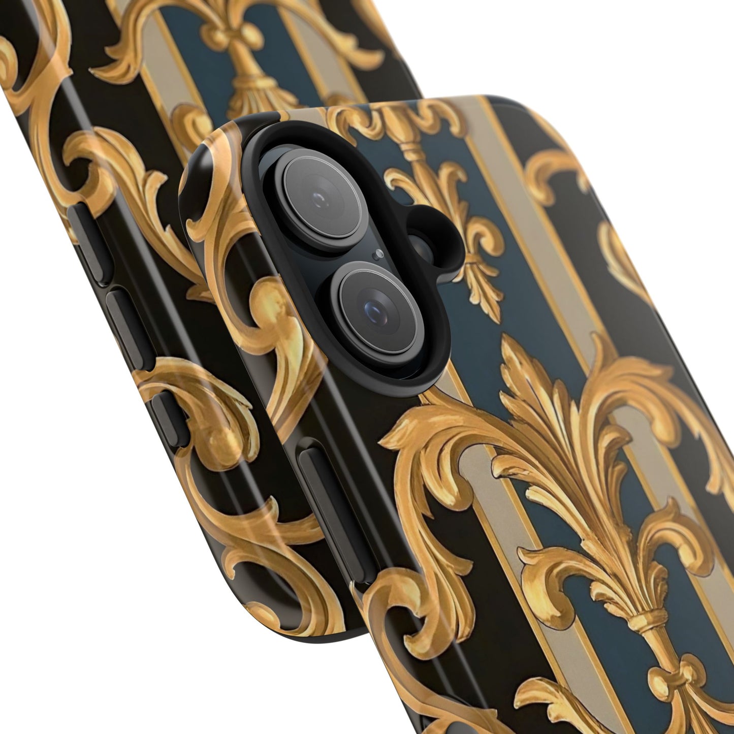 Elegant Rococo Phone Cases, Tough iPhone Case, Floral Design Case, Luxury Phone Cover - Blue & Black Striped Rococo